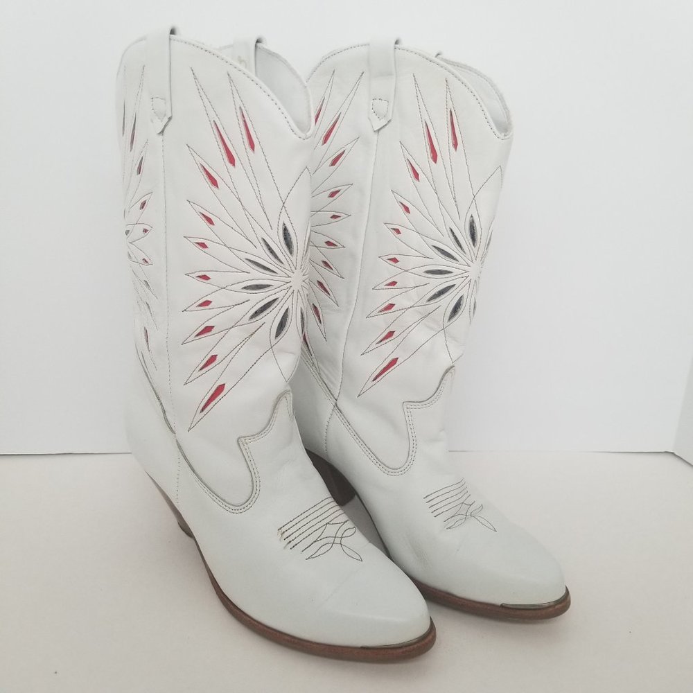 DINGO WOMEN'S WHITE LEATHER WESTERN COWBOY BOOTS WITH INLAY STARBURST 7M VINTAGE